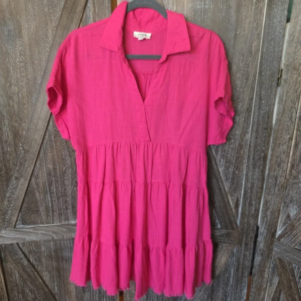 Umgee Dress Womens Size Small Hot Pink Short Sleeve Tiered Linen Blend Baby Doll